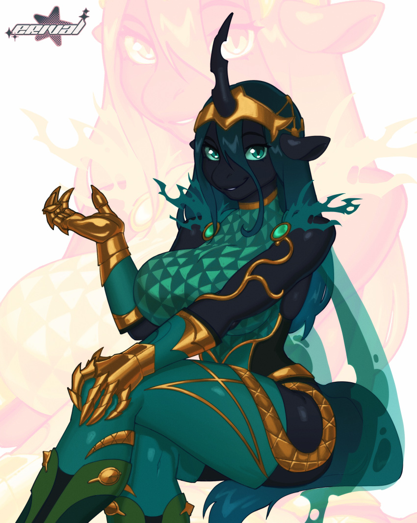 absurd_res anthro armor black_body equid equine erival female friendship_is_magic gold green_eyes hair hasbro hi_res horn long_hair mammal my_little_pony mythological_creature mythological_equine mythology pinup pose queen_chrysalis_(mlp) sitting smile solo winged_unicorn wings