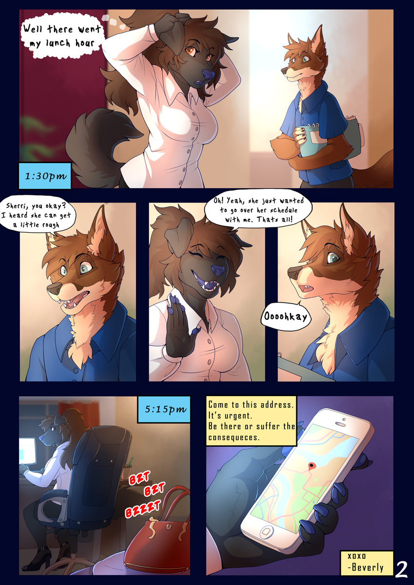 2017 anthro big_breasts blouse breasts canine cellphone clothed clothing comic dialogue digital_media_(artwork) dog english_text female fox hindpaw hornedfreak male mammal paws phone sherri_mayim text
