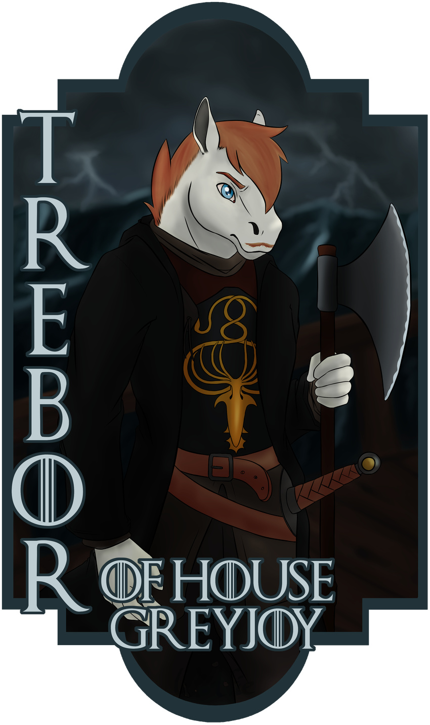 2017 5_fingers anthro axe badge biped bluwolfie42 boat cephalopod clothed clothing detailed_background digital_drawing_(artwork) digital_media_(artwork) equine fur game_of_thrones hair holding_object holding_weapon horse humanoid_hands lightning male mammal marine melee_weapon outside sea sky squid standing storm vehicle water weapon