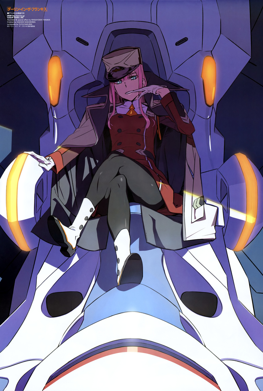 absurdres biting blue_eyes boots coat cockpit darling_in_the_franxx glove_biting gloves hat high_heels highres jacket_on_shoulders key_visual long_hair looking_at_viewer military military_uniform official_art pantyhose pink_hair solo tanaka_masayoshi uniform zero_two_(darling_in_the_franxx)