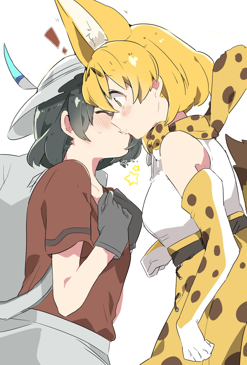 2girls animal_ears backpack bag bare_shoulders black_gloves black_hair blonde_hair blush bow bowtie closed_eyes elbow_gloves extra_ears gloves hands_on_own_chest hat hat_feather highres kaban_(kemono_friends) kemono_friends kiss multiple_girls print_gloves print_neckwear print_skirt red_shirt serval_(kemono_friends) serval_ears serval_print serval_tail shirt short_hair short_sleeves simple_background skirt sleeveless star sweat tail takeshima_(nia) white_background white_shirt yellow_eyes yuri