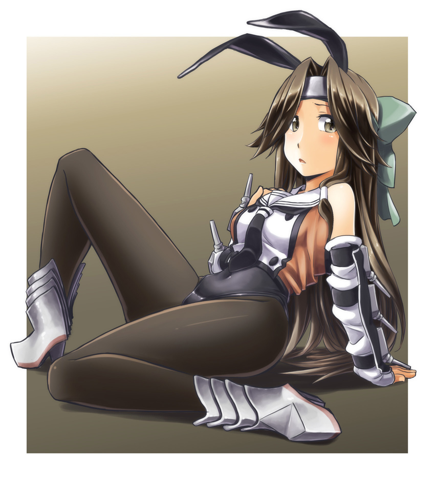 adapted_costume alto-00 animal_ears arm_warmers black_legwear black_leotard blush boots breasts brown_background brown_eyes brown_hair bunny_ears bunnysuit cannon double-breasted elbow_gloves fake_animal_ears forehead_protector full_body gloves hachimaki hair_intakes hair_ribbon hand_on_own_chest headband highres jintsuu_(kantai_collection) kantai_collection leotard long_hair looking_at_viewer medium_breasts necktie open_mouth pantyhose remodel_(kantai_collection) ribbon sitting smile solo turret