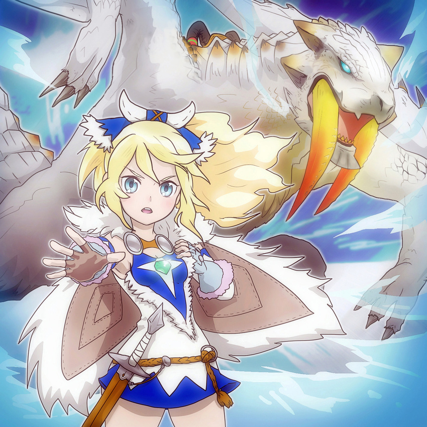 ayuria barioth blonde_hair blue_eyes bone_hair_ornament breasts cape cleavage cowboy_shot dragon dress fangs fur_trim highres ice long_hair looking_at_viewer monster_hunter monster_hunter_stories ponytail runachikku small_breasts solo strapless strapless_dress tube_dress