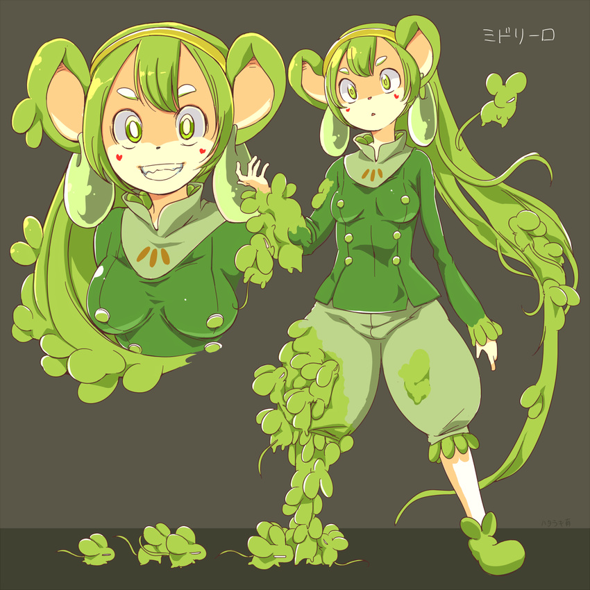 &lt;3 animal_humanoid breasts clothed clothing female feral footwear green_eyes green_hair grin hair hataraki_ari humanoid japanese_text long_hair mammal medium_breasts middrilo mouse mouse_humanoid pants rodent shirt smile tattoo teeth text transformation