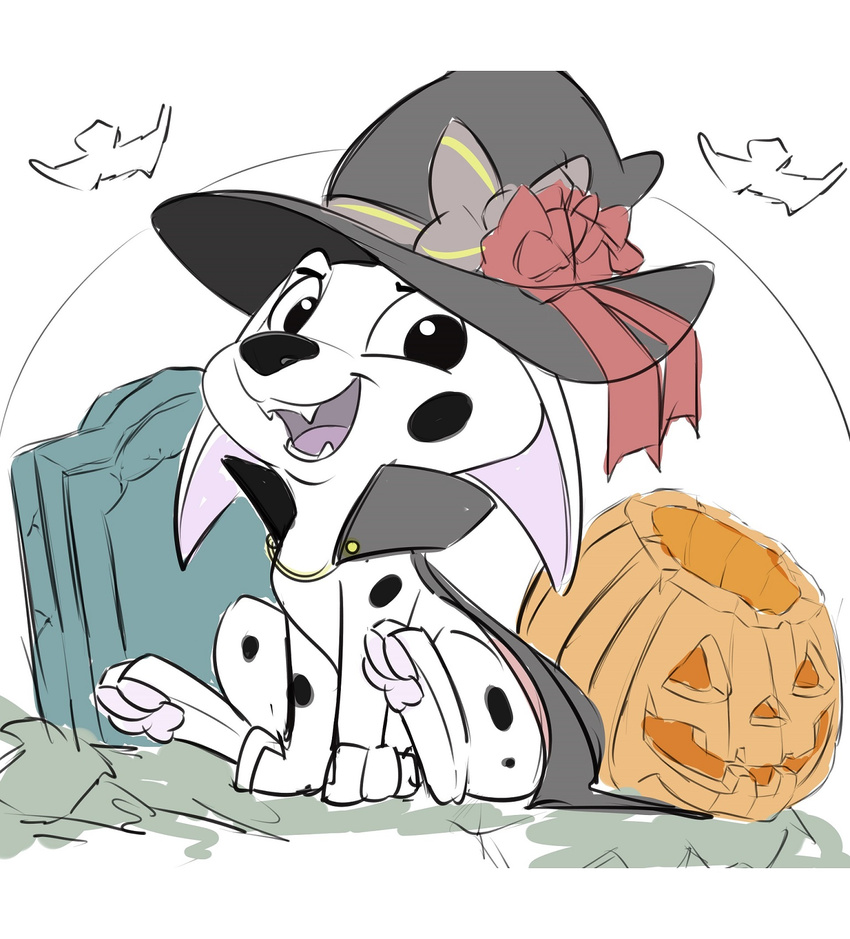 101_dalmatians 2017 cadpig canine dalmatian disney dog fangs female feral food fruit hat hi_res hindpaw looking_at_viewer mammal open_mouth pawpads paws pumpkin smitty_g solo witch_hat