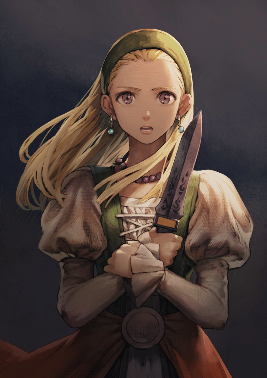 blonde_hair dagger dragon_quest dragon_quest_xi dress earrings floating_hair forehead frilled_sleeves frills green_hairband hair_pulled_back hairband hands_on_own_chest highres holding holding_weapon jewelry juliet_sleeves jun_(seojh1029) lips long_hair long_sleeves looking_at_viewer necklace open_mouth pearl_necklace puffy_sleeves purple_background purple_eyes senya_(dq11) short_hair simple_background solo upper_body weapon white_dress wind