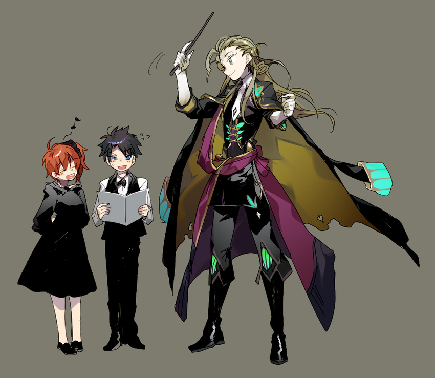 2boys alternate_costume black_hair black_scrunchie blonde_hair bow bowtie dress fate/grand_order fate_(series) formal fujimaru_ritsuka_(female) fujimaru_ritsuka_(male) hair_ornament hair_scrunchie long_hair looking_at_viewer multiple_boys music newo_(shinra-p) one_side_up open_mouth orange_eyes orange_hair scrunchie short_hair side_ponytail singing smile wolfgang_amadeus_mozart_(fate/grand_order) younger