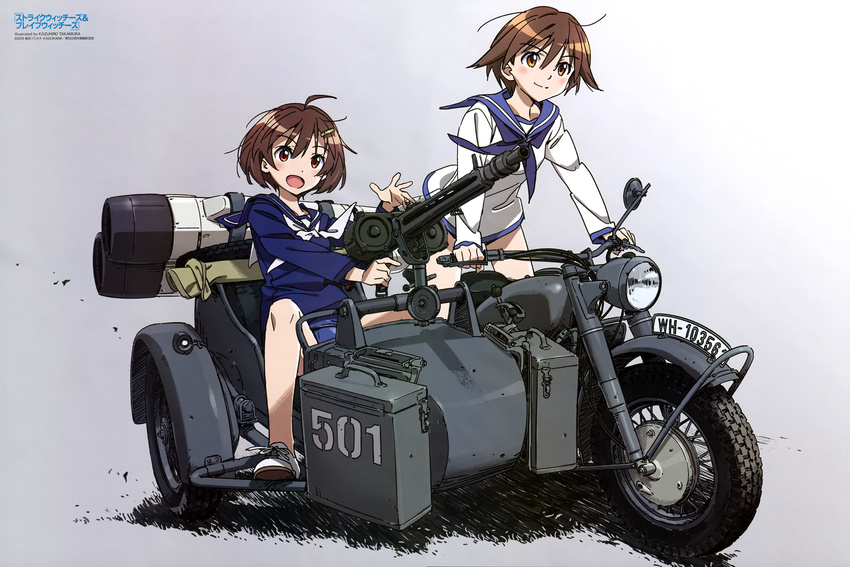 :d absurdres bmw_r75 brave_witches brown_eyes brown_hair ground_vehicle gun hair_ornament hairclip highres karibuchi_hikari machine_gun mg42 miyafuji_yoshika motor_vehicle motorcycle multiple_girls official_art open_mouth school_swimsuit school_uniform sidecar smile strike_witches striker_unit swimsuit swimsuit_under_clothes takamura_kazuhiro weapon world_witches_series