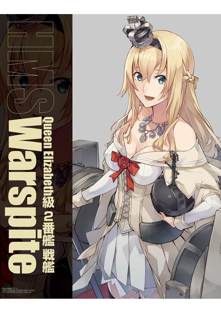 blonde_hair braid breasts cleavage corset crown dress french_braid hair_between_eyes hairband highres jewelry kantai_collection konishi_(koconatu) large_breasts looking_at_viewer machinery mini_crown necklace non-web_source off-shoulder_dress off_shoulder official_art red_ribbon ribbon scepter tilted_headwear warspite_(kantai_collection) white_dress