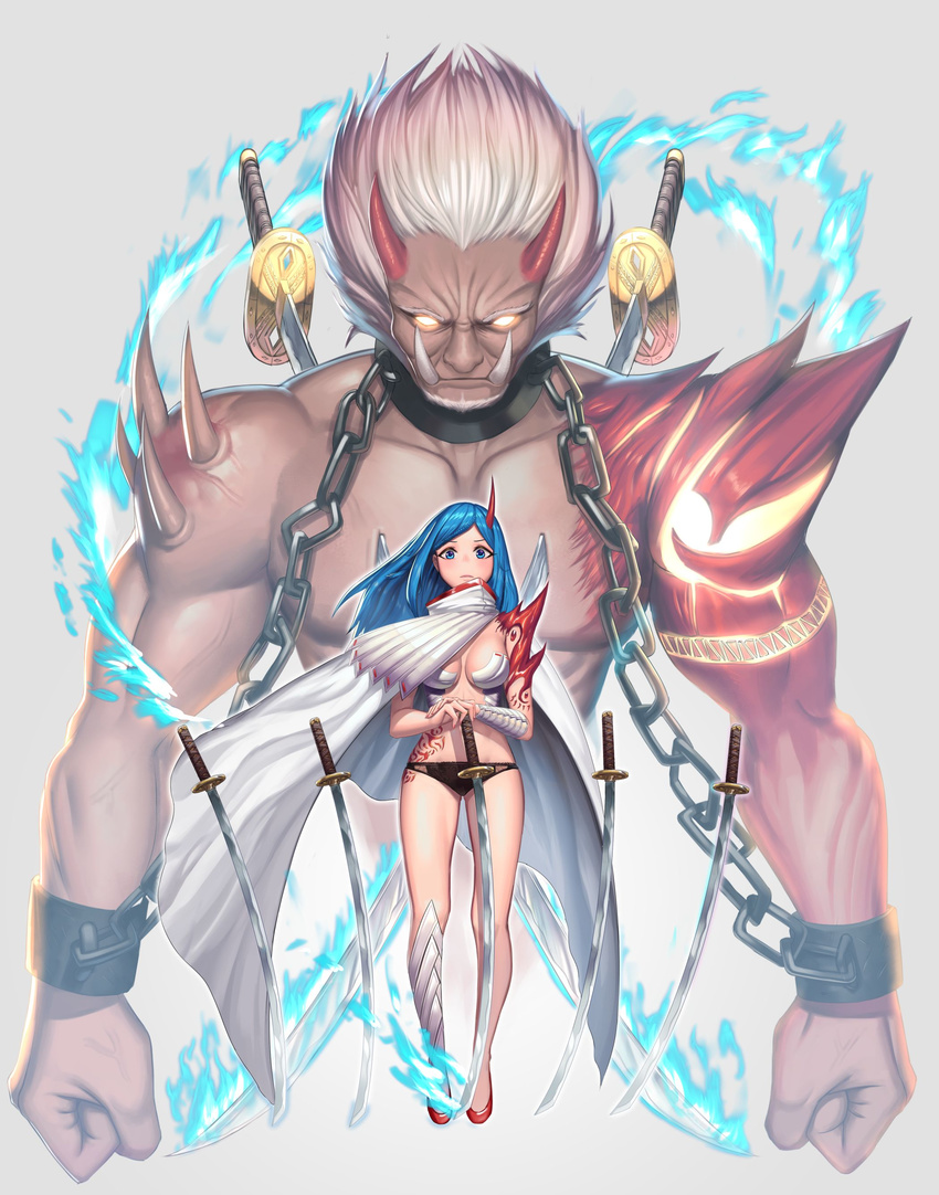 1girl absurdres bad_id bad_pixiv_id bangs bare_shoulders beard black_panties blue_eyes blue_fire blue_hair braid breasts chain clenched_hands cloak closed_mouth collar collarbone commentary_request cuffs cuffs-to-collar dark_skin dark_skinned_male facial_hair fire flaming_sword floating_swords floating_weapon french_braid full_body glowing glowing_eyes gradient gradient_background grey_background grey_hair hand_on_hilt high_collar highres horn katana long_hair looking_at_viewer medium_breasts moonandmist multiple_swords muscle oni oni_horns original panties parted_bangs red_footwear revealing_clothes serious shackles shiny shiny_hair shoes shoulder_spikes spiked_hair spikes spirit standing sword tattoo tusks underwear upper_body veins weapon white_cloak wind yellow_eyes