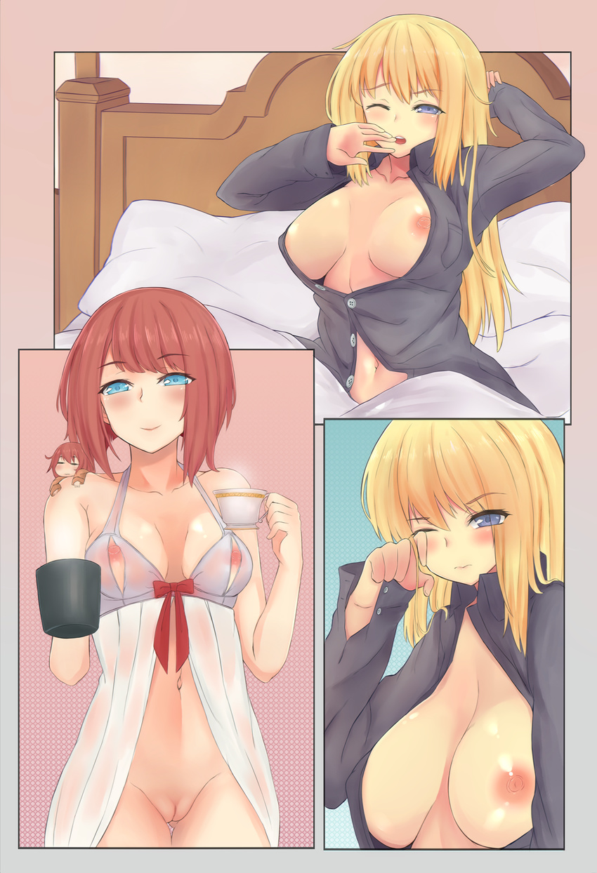 3koma aqua_eyes areolae ark_royal_(kantai_collection) babydoll bangs bed bed_sheet bismarck_(kantai_collection) black_shirt blonde_hair blue_eyes blush border bottomless breasts collarbone comic commentary cowboy_shot cup eyebrows_visible_through_hair fairy_(kantai_collection) falsche.shido hand_to_own_mouth highres holding holding_cup kantai_collection large_breasts lingerie long_hair long_sleeves looking_at_viewer medium_breasts mug multiple_girls navel negligee nippleless_clothes nipples no_bra no_panties open_clothes open_mouth open_shirt parted_bangs pillow pussy red_hair rubbing_eyes shirt short_hair sidelocks sitting smile standing teacup underwear waking_up yuri