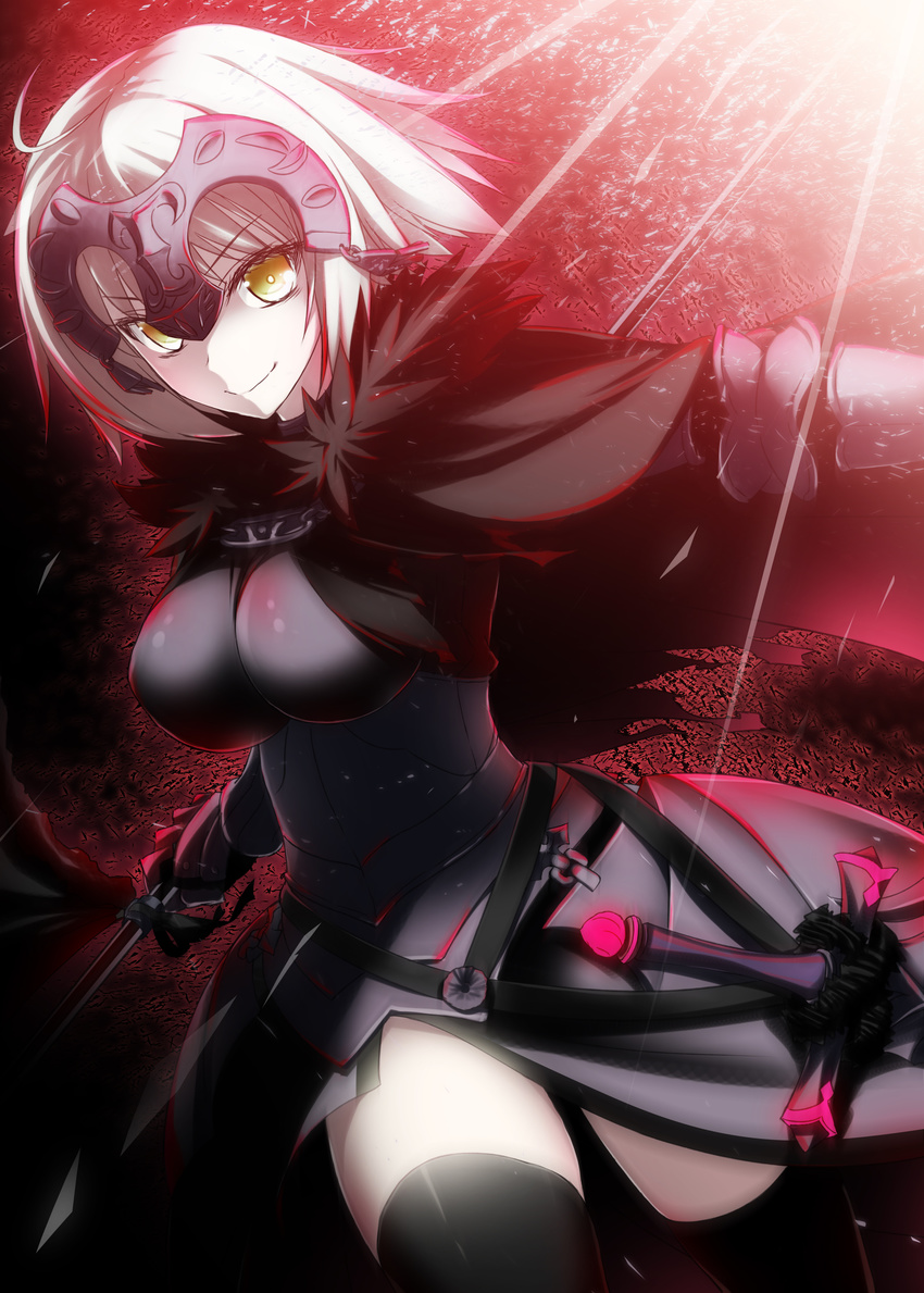 absurdres armor armored_dress black_dress black_legwear breasts breasts_apart dress eyebrows_visible_through_hair fate_(series) highres holding holding_weapon jeanne_d'arc_(alter)_(fate) jeanne_d'arc_(fate)_(all) looking_at_viewer medium_breasts sheath sheathed shiny shiny_clothes short_hair silver_hair smile solo suzuri_(tennenseki) sword thighhighs weapon yellow_eyes