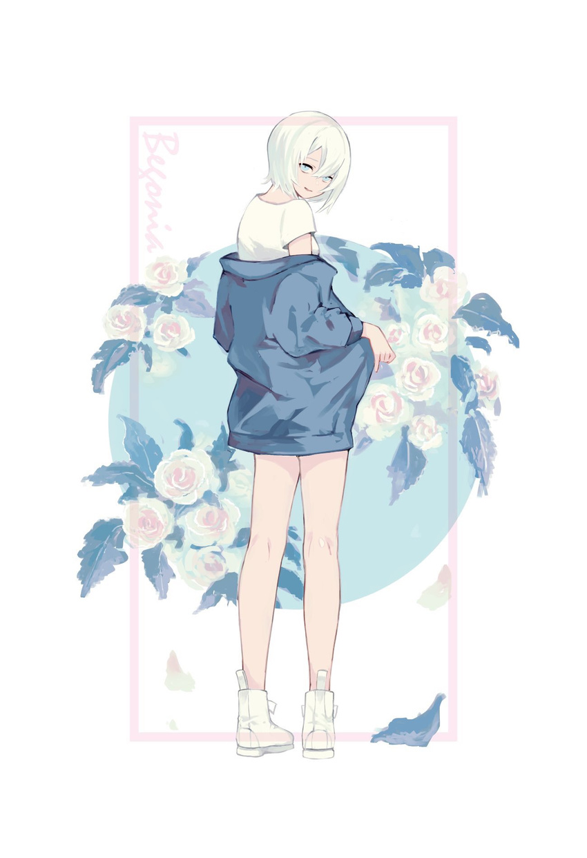 1girl blue_eyes blue_jacket border commentary_request floral_background flower from_behind full_body hair_between_eyes highres jacket looking_at_viewer looking_back shirt shoes short_hair solo standing undressing usada_(usd614) white_hair white_shirt white_shoes