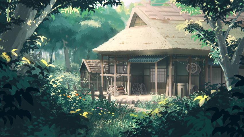 basket bucket building bush commentary_request day door fence flower forest grass highres hut nature niy_(nenenoa) no_humans orange_flower outdoors pink_flower plant scenery shed sky sunlight touhou tree wheel