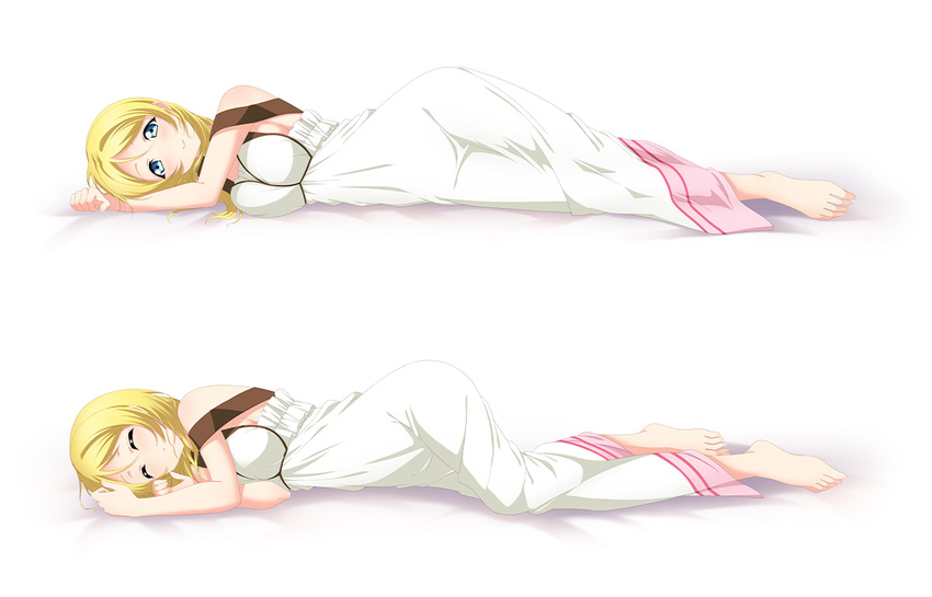 ayase_eli barefoot blonde_hair blue_eyes closed_eyes dress from_side full_body long_dress long_hair looking_at_viewer love_live! love_live!_school_idol_project lying multiple_views music_s.t.a.r.t!! on_side simple_background sleeping sleeveless sleeveless_dress smile white_background white_dress yu-ta