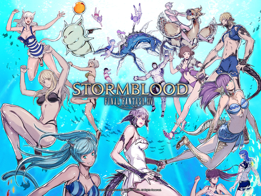 6+girls animal_ears au_ra bikini blonde_hair blue_eyes blue_hair breasts brown_eyes brown_hair cat_ears cat_tail chocobo choker cleavage dragon_girl dragon_horns dragon_tail elezen elf facial_mark final_fantasy final_fantasy_xiv fish highres horns hyur jacket lalafell large_breasts long_hair looking_at_viewer miqo'te moogle multiple_boys multiple_girls official_art one-piece_swimsuit open_clothes open_jacket pale_skin pointy_ears ponytail purple_hair riding roegadyn sandals scales short_hair silver_hair smile submerged swimsuit tail twintails underwater watermark