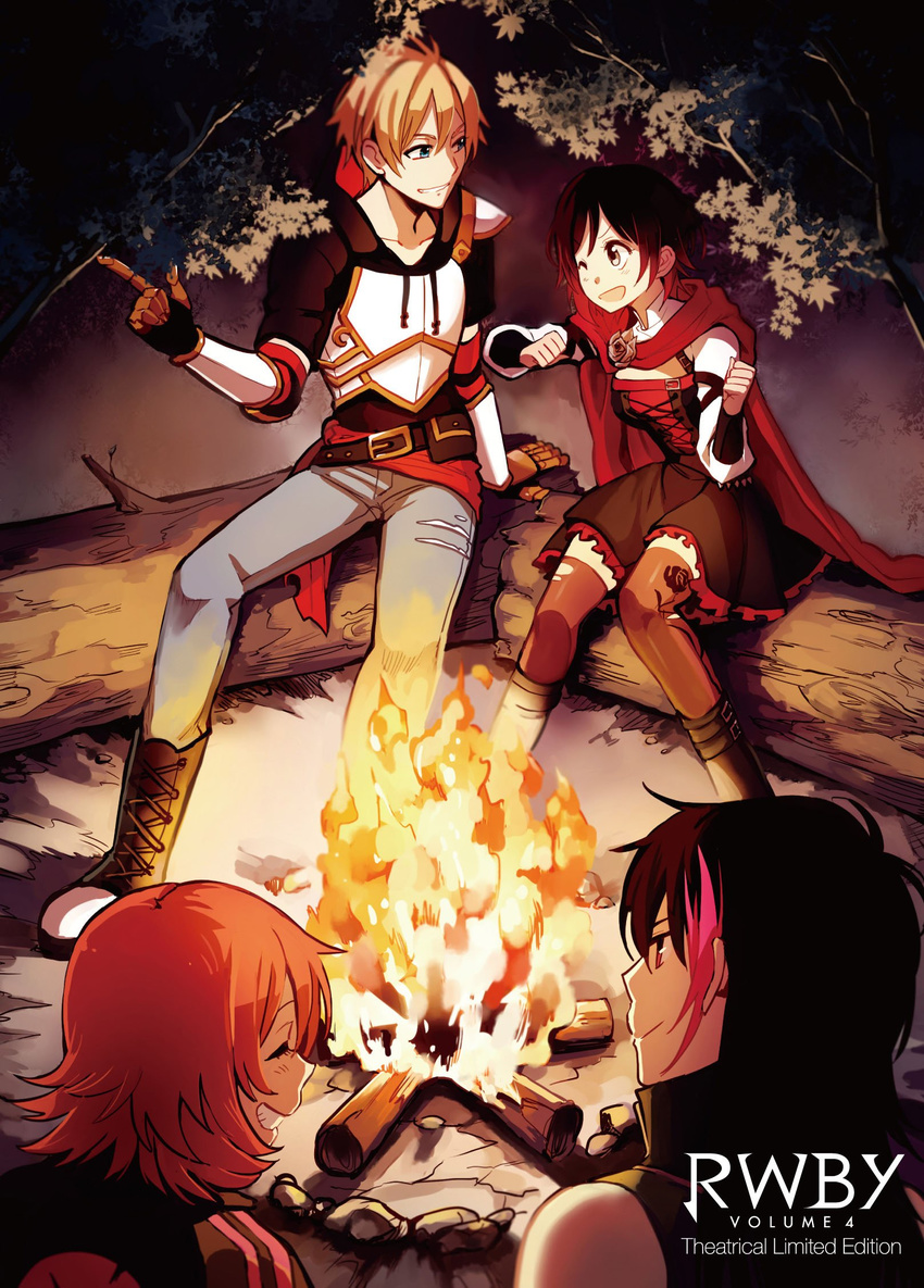 2girls campfire camping cloak commentary_request highres jaune_arc kuma_(bloodycolor) lie_ren multiple_boys multiple_girls nora_valkyrie official_art ruby_rose rwby