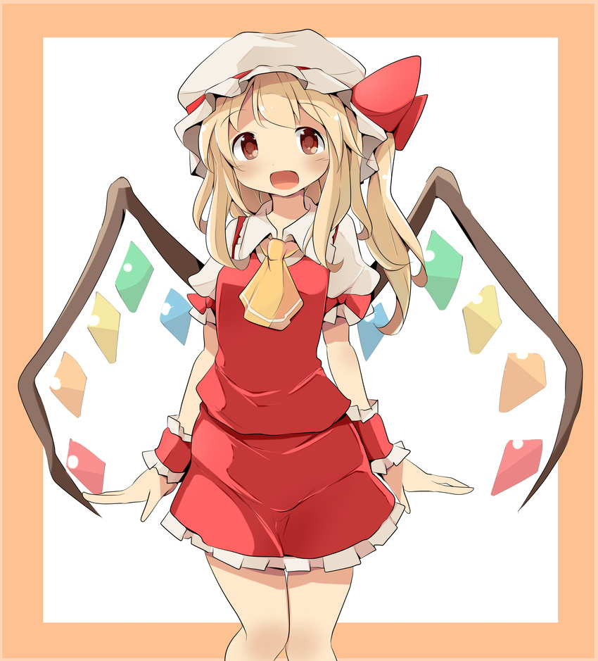 :d absurdres ascot blonde_hair blush eyebrows_visible_through_hair flandre_scarlet hat highres long_hair looking_at_viewer mukuroi open_mouth puffy_short_sleeves puffy_sleeves red_eyes red_skirt short_sleeves side_ponytail skirt smile solo standing touhou wings wrist_cuffs