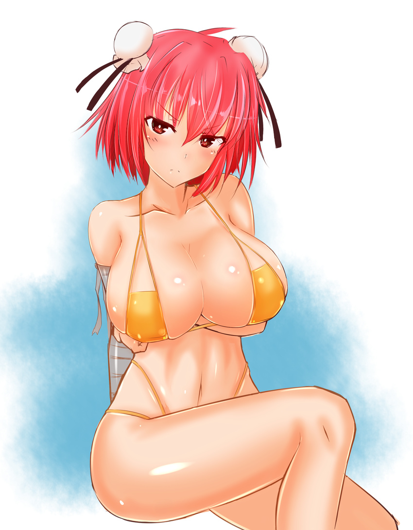 &gt;:( absurdres alternate_costume bandaged_arm bandages bangs bare_arms bikini blush breast_hold breasts bun_cover collarbone commentary_request double_bun frown fujikusa highres ibaraki_kasen large_breasts looking_at_viewer micro_bikini navel red_eyes red_hair shiny shiny_skin short_hair sitting skindentation solo stomach swimsuit touhou v-shaped_eyebrows yellow_bikini