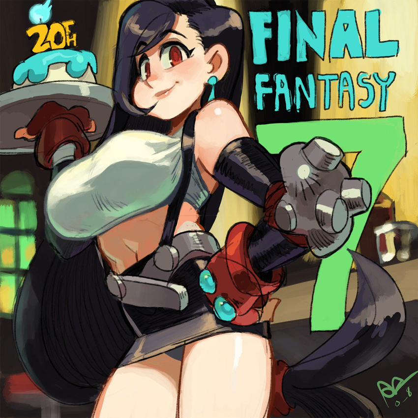 alex_ahad anniversary blush breasts closed_mouth final_fantasy final_fantasy_vii gloves highres holding large_breasts looking_at_viewer navel smile solo tifa_lockhart