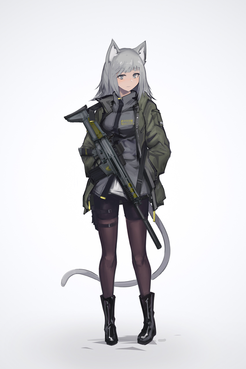 absurdres animal_ears assault_rifle bangs black_footwear boots cat_ears cat_girl cat_tail commentary_request deel_(rkeg) eyebrows_visible_through_hair fn_scar full_body gradient gradient_background green_jacket grey_background grey_eyes grey_hair gun hand_in_pocket highres holding holding_gun holding_weapon holster jacket light_blush long_hair long_sleeves looking_at_viewer original pantyhose purple_legwear rifle shirt solo standing tail weapon white_shirt