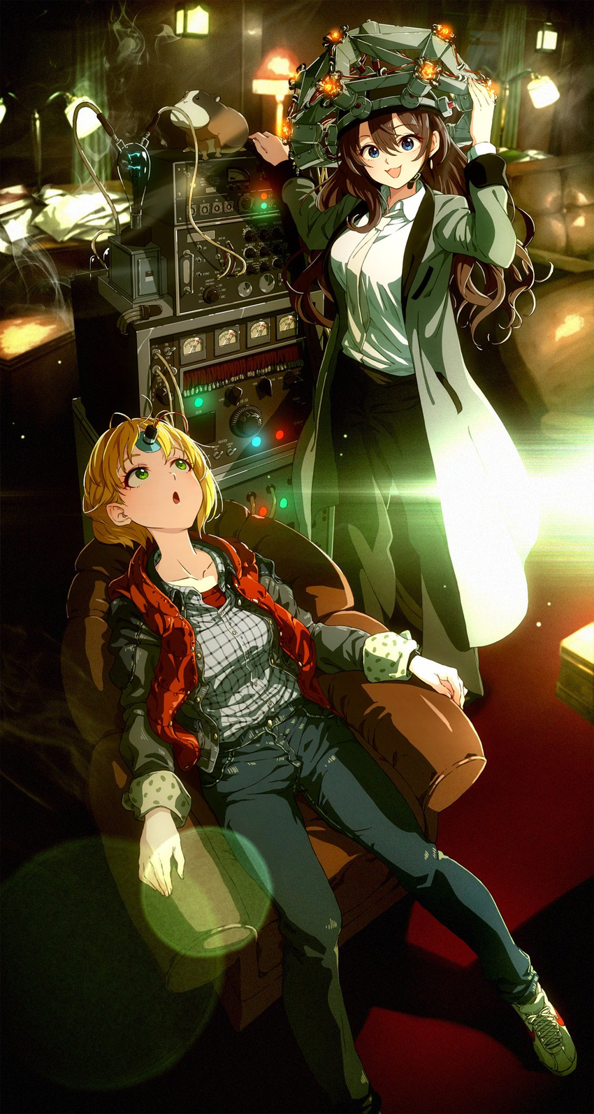 :3 adjusting_headwear armchair back_to_the_future bangs black_jacket blonde_hair blue_eyes blurry breasts brown_hair chair coat cosplay denim depth_of_field desk_lamp electrodes emmett_brown emmett_brown_(cosplay) green_eyes guinea_pig hair_between_eyes headgear highres ichinose_shiki idolmaster idolmaster_cinderella_girls jacket jeans labcoat lamp lazy_lazy_(idolmaster) leather leather_jacket lens_flare light_bulb long_hair long_sleeves looking_at_viewer looking_up machine mad_scientist marty_mcfly marty_mcfly_(cosplay) medium_breasts miyamoto_frederica motoki_(hisano_motoki) multiple_girls necktie open_clothes open_coat open_jacket open_mouth pants plaid plaid_shirt shirt shoes short_hair sitting sleeves_folded_up smile smoke sneakers standing unbuttoned vest wavy_hair white_shirt