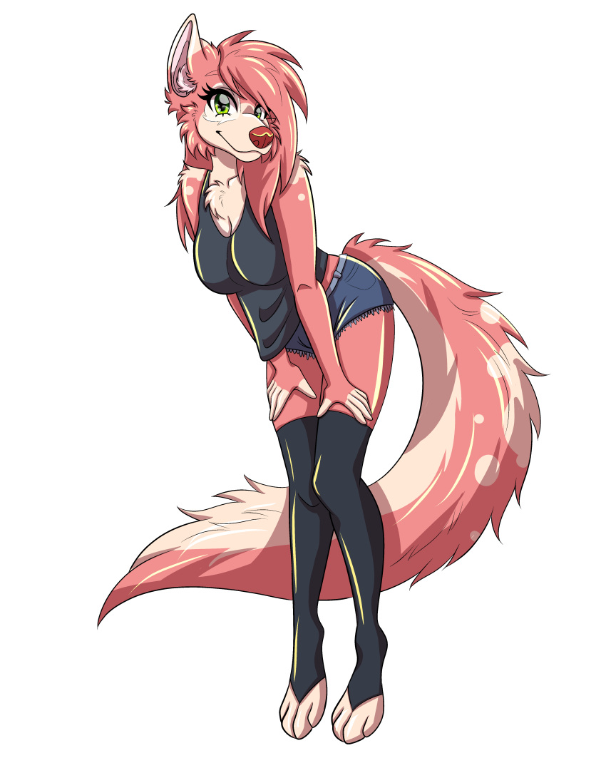 2026 absurd_res anthro arm_tuft bent_over big_breasts big_tail bottomwear breasts canid canine chest_tuft clothing denim denim_bottomwear denim_clothing denim_shorts digital_media_(artwork) female full-length_portrait fur grey_clothing grey_shirt grey_topwear hair hands_on_legs hands_on_thighs hi_res legwear long_hair looking_at_viewer mammal pink_body pink_fur pink_hair portrait red_nose shaded shirt shorts shoulder_tuft smile solo standing strawberry_(strawberrywolv) strawberrywolv tail tail_tuft tank_top thigh_highs three-quarter_view toony topwear tuft