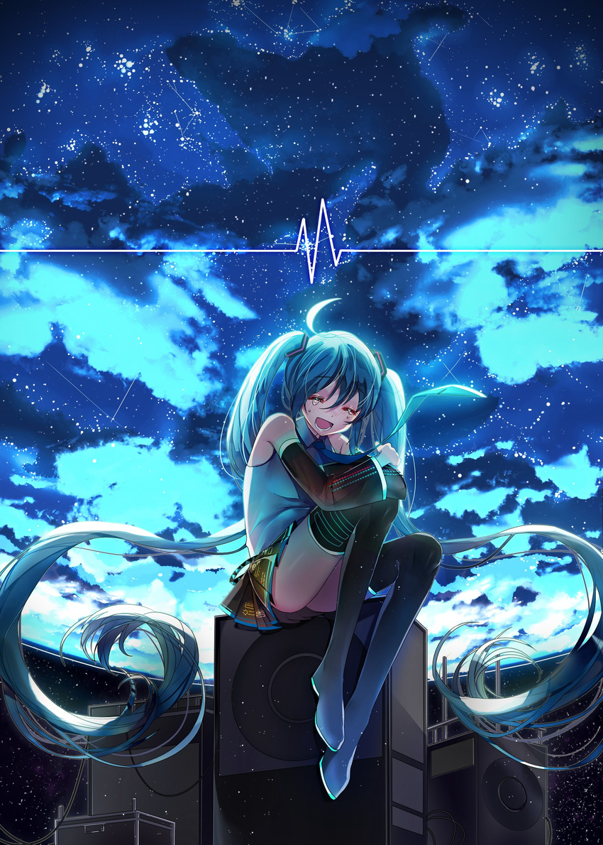 1girl absurdres ahoge aqua_hair aqua_necktie black_boots black_skirt boots cloud cloudy_sky collared commentary_request crying detached_sleeves eyes_closed hatsune_miku highres korean leg_hug long_hair long_sleeves necktie night night_sky onew pleated_skirt shirt skirt sky sleeveless sleeveless_shirt solo speaker star_(sky) starry_sky thigh_boots thighhighs twintails very_long_hair vocaloid wing_collar