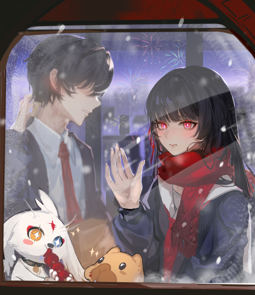 1boy 1girl abby_(wuthering_waves) absurdres aerial_fireworks against_glass alternate_costume black_hair black_jacket blush chisa_(wuthering_waves) closed_mouth ear_blush fireworks hand_on_glass highres jacket male_rover_(wuthering_waves) missing_commentary mole mole_under_eye namipon_(wuthering_waves) neckerchief necktie pink_eyes red_neckerchief red_necktie red_scarf rover_(wuthering_waves) sailor_collar scarf shirenyu shirt white_sailor_collar white_shirt wuthering_waves