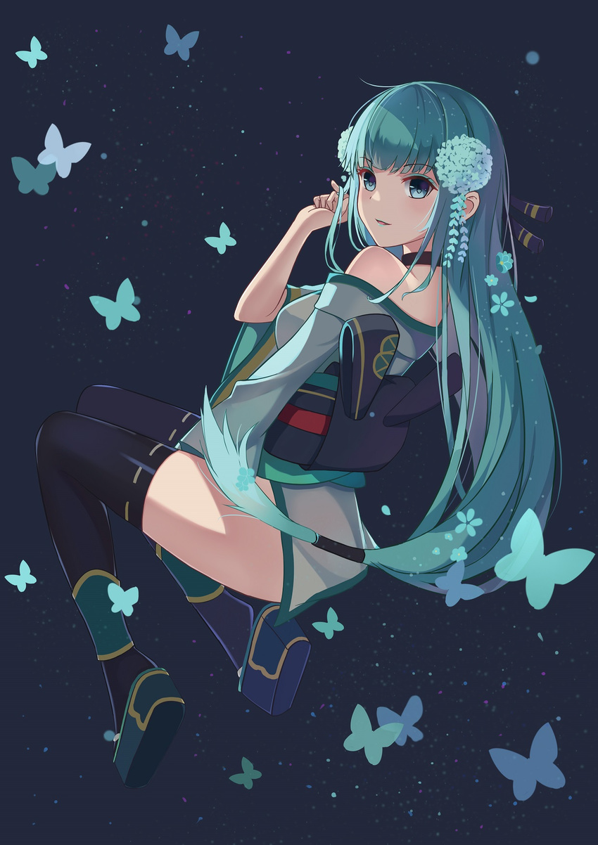 aoandon aqua_eyes aqua_hair aqua_lipstick bangs bare_shoulders black_legwear blue_eyes blue_hair blunt_bangs bug butterfly choker full_body hair_twirling highres insect japanese_clothes kimono lipstick long_hair looking_at_viewer looking_back low-tied_long_hair makeup onmyoji short_kimono smile thighhighs very_long_hair yukiyaii