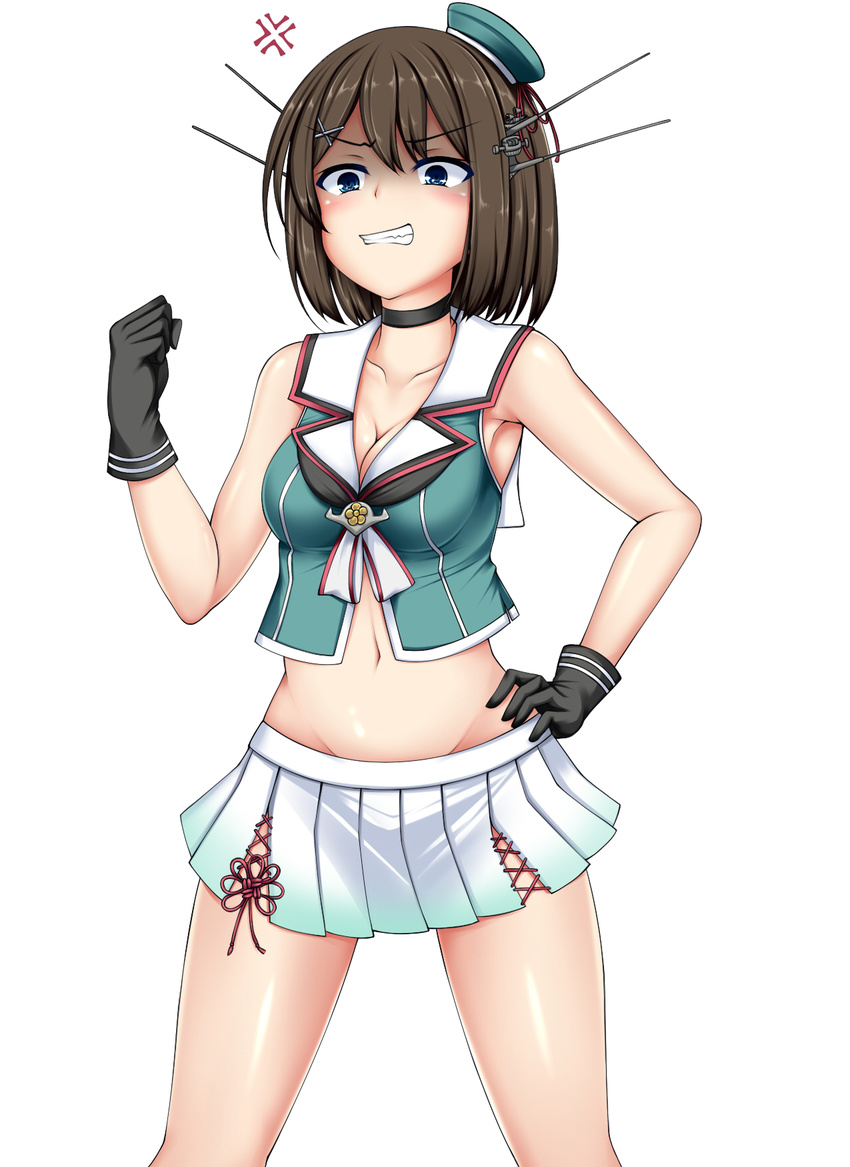 anger_vein angry aqua_hat aqua_shirt bad_id bad_pixiv_id beret black_gloves blue_eyes blush breasts brown_hair choker cleavage clenched_hand clenched_teeth collarbone crop_top eyebrows_visible_through_hair gloves groin hair_between_eyes hand_on_hip hat highres kantai_collection maya_(kantai_collection) medium_breasts mini_hat navel pleated_skirt remodel_(kantai_collection) sailor_collar shaded_face shirt simple_background skirt sleeveless sleeveless_shirt solo standing teeth white_background white_skirt z5987