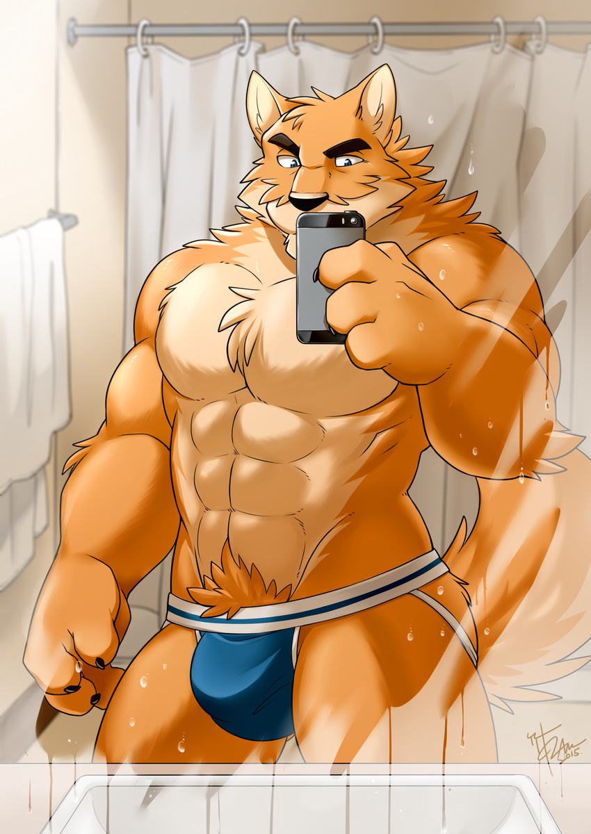 4_fingers abs absurd_res anthro bathroom biceps big_muscles black_nose blue_eyes brown_fur bulge canine cellphone chest_tuft claws clothed clothing digital_media_(artwork) dog front_view fur hi_res iphone jockstrap male mammal muscular muscular_male otake pecs phone pubes selfie solo standing takemoto_arashi topless tuft underwear