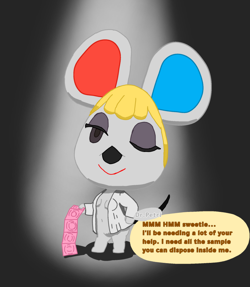 animal_crossing anthro condom condom_packet_strip condom_wrapper female half_naked hi_res laboratory_equipment laboratory_glassware looking_at_viewer mammal mouse murid murine nintendo one_eye_closed petri_(animal_crossing) petri_dish rob-posa rodent scientific_instrument sexual_barrier_device smile smiling_at_viewer solo speech_bubble spotlight text wink winking_at_viewer