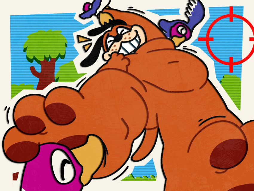 3_toes anatid anseriform anthro avian beak belly bird black_ears black_nose blue_body blue_feathers brown_pawpads canid canine canis domestic_dog duck duck_hunt duck_hunt_dog duck_hunt_duck eyes_closed feathers feet fur group hi_res male mammal multicolored_body multicolored_feathers navel nintendo nude_anthro orange_body orange_fur patugh pawpads paws purple_body purple_feathers raised_arm slightly_chubby slightly_chubby_anthro smile solo_focus tail teeth tickle_fetish tickling tickling_armpits tickling_feet toes whisker_spots white_body white_feathers wings yellow_beak