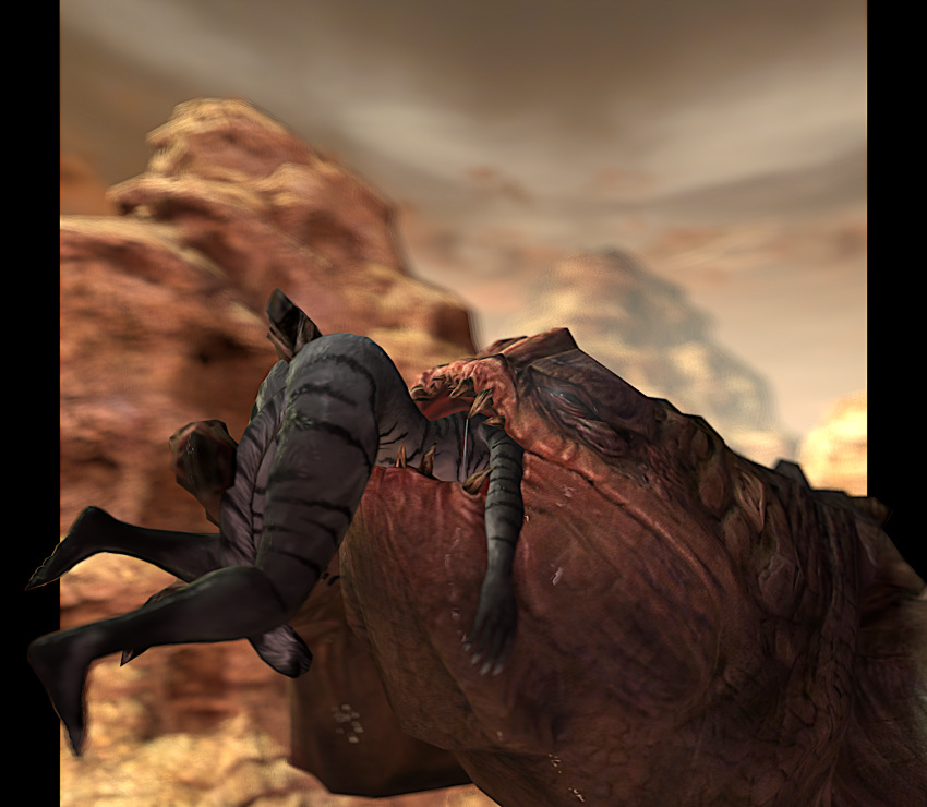 anthro bethesda_game_studios big_butt bodily_fluids butt domestic_cat duo felid feline felis hi_res khajiit male mammal microsoft modeler_jack104 monster oral_vore rancor saliva skyrim the_elder_scrolls vore