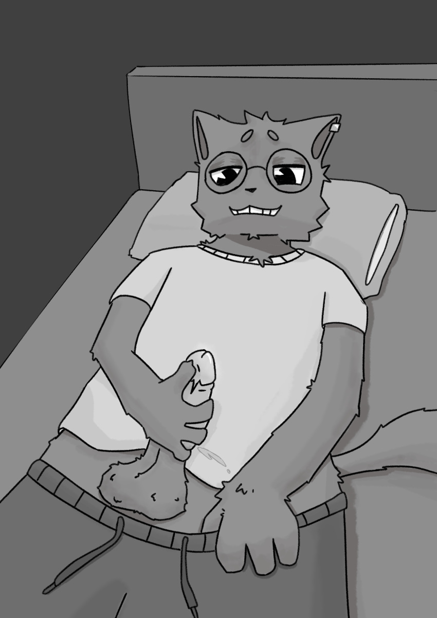 anthro balls bodily_fluids clothed clothing clothing_lift clothing_pull cum dunday felid feline fur genital_fluids genitals grey_body grey_fur hi_res lying male male/male mammal masturbation narrowed_eyes on_back partially_clothed penis shirt shirt_lift solo topwear underwear underwear_down