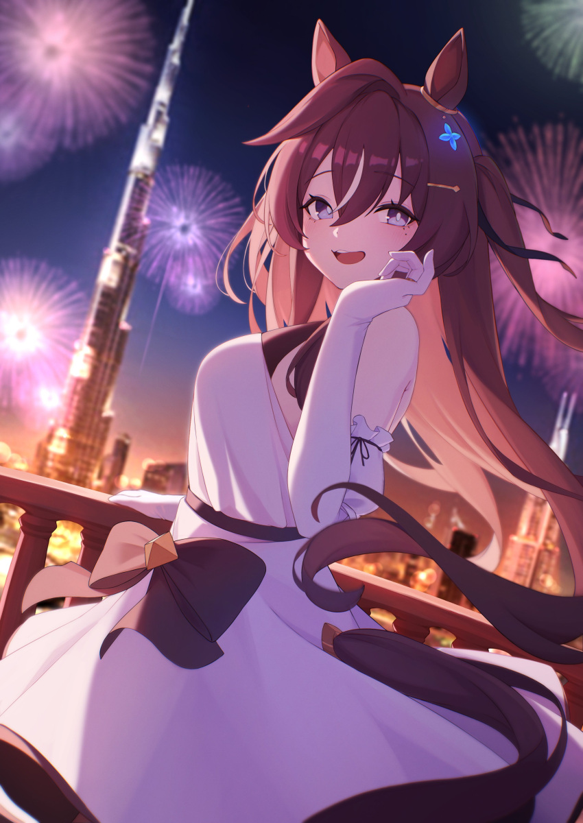 1girl absurdres aerial_fireworks animal_ears astra_chichi black_bow bow breasts bright_pupils brown_hair brown_tail dress dress_bow elbow_gloves fireworks gloves hair_between_eyes hand_up highres horse_ears horse_girl horse_tail long_hair looking_at_viewer multicolored_hair open_mouth purple_eyes smile solo streaked_hair tail tail_through_clothes umamusume vivlos_(umamusume) white_dress white_gloves white_streaks