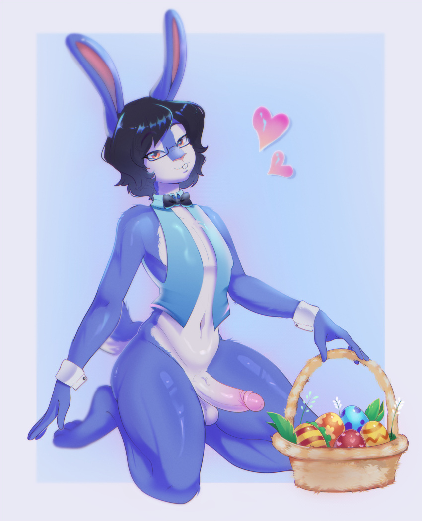 absurd_res anthro apinkgrape balls basket bottomless bottomless_anthro bottomless_male bow_tie buckteeth clothed clothing container digital_media_(artwork) easter easter_basket easter_egg egg erection eyewear eyewear_only feet fingers genitals glasses hair hi_res holidays humanoid_genitalia humanoid_penis kneeling lagomorph leporid looking_at_viewer male mammal navel nude penis rabbit simple_background solo tail teeth toes topwear wearing_glasses