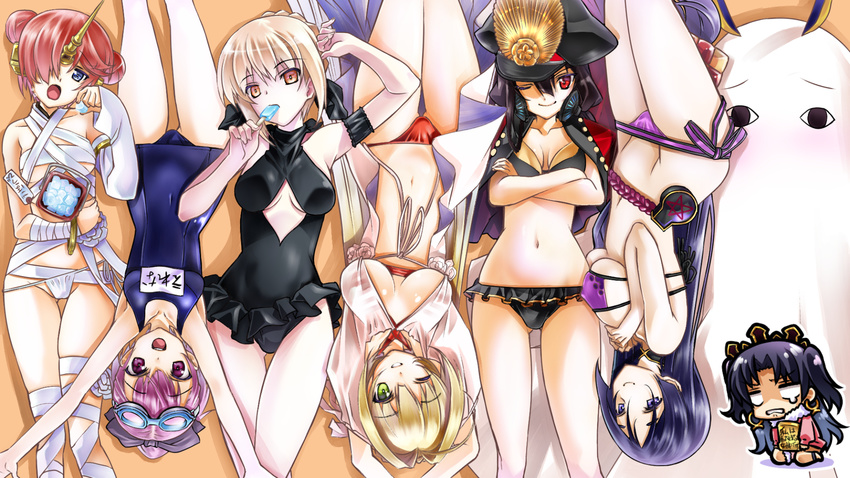 artoria_pendragon_(all) artoria_pendragon_(swimsuit_rider_alter) bandages bikini black_hair blonde_hair blue_eyes breasts bucket casual_one-piece_swimsuit cleavage_cutout commentary_request cosplay fate/grand_order fate_(series) frankenstein's_monster_(fate) frankenstein's_monster_(swimsuit_saber)_(fate) goggles goggles_on_head green_eyes hair_over_one_eye helena_blavatsky_(fate/grand_order) helena_blavatsky_(swimsuit_archer)_(fate) highres ice ishtar_(fate/grand_order) ishtar_(swimsuit_rider)_(fate) large_breasts long_hair looking_at_viewer medium_breasts medjed medjed_(cosplay) minamoto_no_raikou_(fate/grand_order) minamoto_no_raikou_(swimsuit_lancer)_(fate) multiple_girls nero_claudius_(fate)_(all) nero_claudius_(swimsuit_caster)_(fate) nitocris_(fate/grand_order) nitocris_(swimsuit_assassin)_(fate) oda_nobunaga_(fate) oda_nobunaga_(swimsuit_berserker)_(fate) one-piece_swimsuit one_eye_closed orange_eyes pink_hair purple_eyes purple_hair red_eyes saber_alter school_swimsuit senomoto_hisashi short_hair small_breasts swimsuit