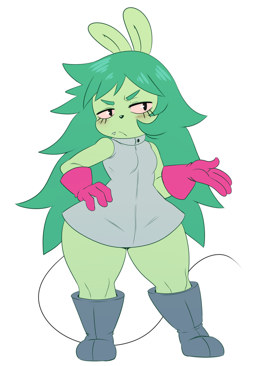 2017 absurd_res angry_face anthro blush boots breasts cartoon_network clothed clothing cute eyelashes fangs female fink_(ok_k.o.!_let's_be_heroes) footwear frown fur gloves green_eyes green_fur green_hair hair hi_res lab_coat mammal mouse ok_k.o.!_let's_be_heroes pink_sclera rodent simple_background sleeveless solo sssonic2 thick_thighs villainous voluptuous white_background wide_hips