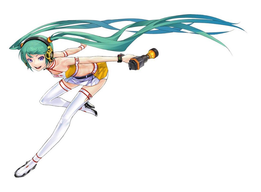 :d aqua_hair arm_strap bent_over blue_eyes boots crop_top full_body goodsmile_racing halterneck hatsune_miku headphones long_hair looking_at_viewer midriff miniskirt official_art open_mouth race_queen racing_miku racing_miku_(2010) redjuice simple_background skirt smile solo thigh_boots thighhighs twintails very_long_hair vocaloid white_background white_legwear