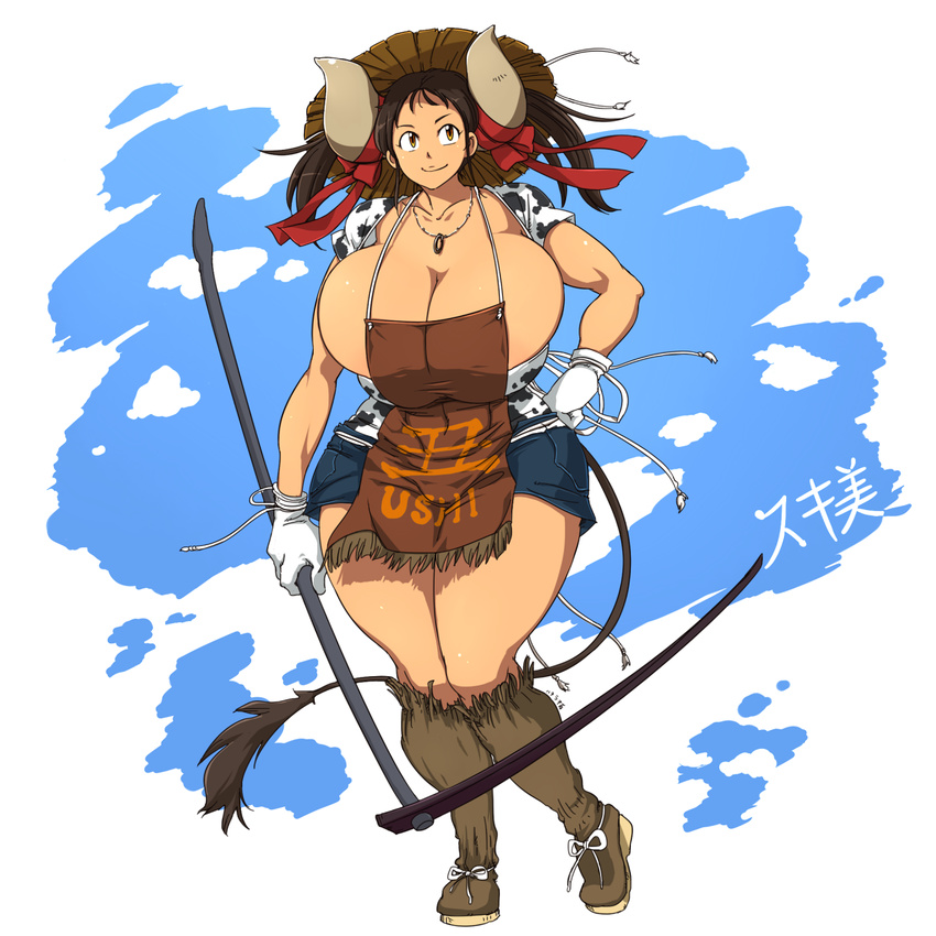 animal_humanoid apron big_breasts boots bovine breasts brown_hair cattle cleavage clothed clothing cow_humanoid cow_print denim denim_shorts female footwear gloves hair hand_on_hip hat hataraki_ari hoe holding_object horn horn_ribbon huge_breasts humanoid jewelry mammal necklace pigtails shirt short_hair shorts smile solo sukimi_(hataraki) tail_tuft tuft voluptuous wide_hips yellow_eyes