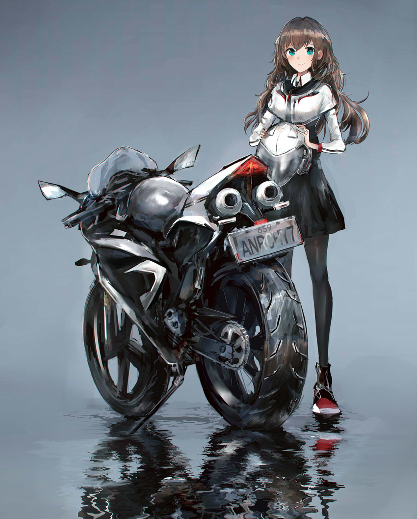 absurdres aqua_eyes black_legwear black_skirt brown_hair closed_mouth commentary full_body grey_background ground_vehicle helmet highres holding holding_helmet license_plate long_hair looking_at_viewer motor_vehicle motorcycle motorcycle_helmet original pantyhose puddle red_footwear reflection shoes skirt smile sneakers solo standing swav water yamaha_yzf-r1