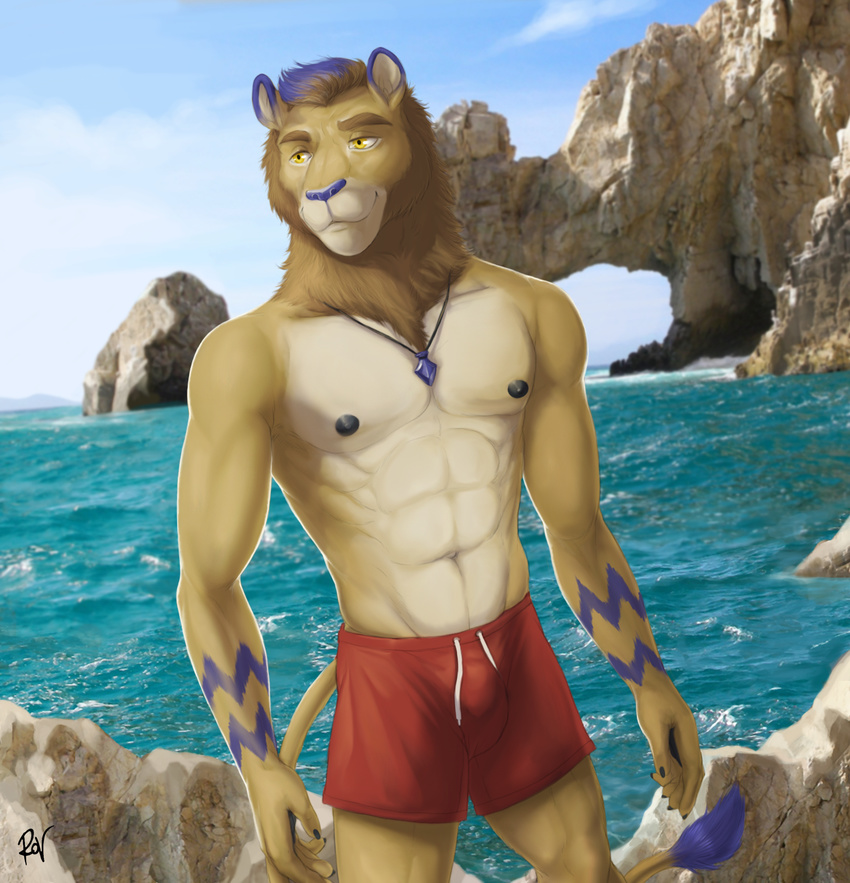 2017 5_fingers abs anthro arm_markings athletic biped black_claws black_nipples blue_fur blue_mane blue_markings blue_nose blue_sky brown_eyebrows brown_mane claws clothed clothing cloud countershade_face countershade_torso countershading day detailed_background dexterlion digital_media_(artwork) eyebrows feline front_view fur hi_res jewelry lion male mammal mane markings multicolored_fur multicolored_mane necklace nipples outside pecs pendant portrait red_bottomwear red_clothing rock rov sea signature sky smile solo standing swimming_trunks swimsuit tail_tuft tan_fur tan_tail three-quarter_portrait topless tuft two_tone_mane water white_countershading white_fur yellow_eyes