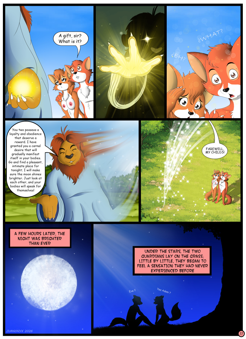 adam_(biblical_figure) animal_genitalia anthro balls barely_visible_balls barely_visible_genitalia barely_visible_sheath barely_visible_vulva bible black_nose breasts brown_mane canid canine casual_nudity clothed clothed_anthro clothed_male clothing comic deity dialogue disney english_text eve_(biblical_figure) felid female fox full_moon fur genitals glowing glowing_eyes god_(christianity) grass group hi_res juanonyx king_richard kneeling lava light lion maid_marian male male/female mammal mane moon moonlight multicolored_body multicolored_fur nature night nipples nude nude_anthro nude_female nude_male outdoor_nudity outside pantherine plant red_body red_fox red_fur robe robin_hood robin_hood_(disney) sheath sitting standing tan_body tan_fur text tree trio true_fox two_tone_body two_tone_fur vulva white_body white_fur