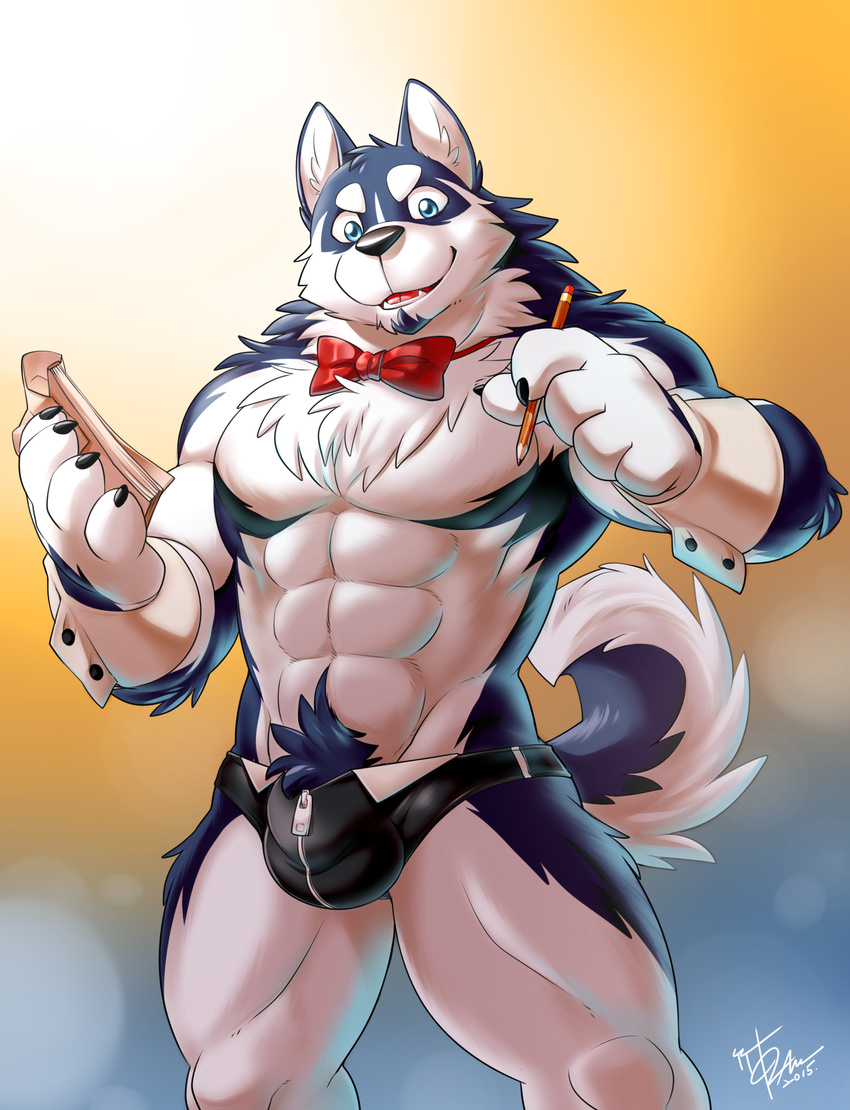 2015 5_fingers abs absurd_res anthro biceps big_muscles black_nose blue_eyes blue_fur bow_tie bulge canine chest_tuft chippendales claws clothed clothing digital_media_(artwork) dog fangs front_view fur hi_res husky looking_at_viewer male mammal multicolored_fur muscular muscular_male open_mouth pecs shirt_cuffs smile solo speedo standing swimsuit takemoto_arashi teeth tongue topless tuft two_tone_fur two_tone_tail underwear white_fur wristband zipper