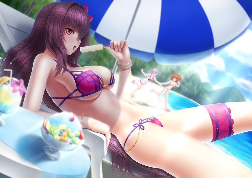 beach beach_umbrella bracelet day dutch_angle fate/grand_order fate_(series) food forest fujimaru_ritsuka_(female) jewelry looking_to_the_side masatoki mash_kyrielight multiple_girls nature popsicle purple_eyes purple_hair scathach_(fate)_(all) scathach_(swimsuit_assassin)_(fate) shaved_ice skindentation swimsuit swimsuit_of_perpetual_summer tongue tongue_out tray umbrella