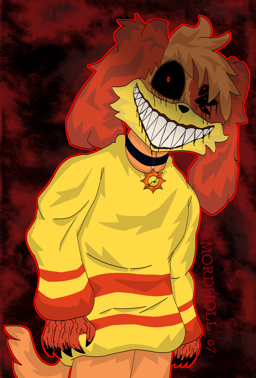 absurd_res anthro canid canine canis cheek_tuft collar corruption dogday_(poppy_playtime) domestic_dog facial_tuft fluffy fluffy_tail hi_res looking_at_viewer male mammal mar10-k4rt mob_entertainment nightmare_critters poppy_playtime possession red_eyes smiley_face smiling_critters solo sun tail tuft yellow_body