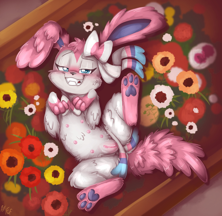 blue_eyes blush canine_nipples chipped_tooth eeveelution female feral flower_bed fuf fur generation_6_pokemon genitals hi_res humanoid_genitalia humanoid_vulva looking_at_viewer messy_fur nintendo nipples pawpads paws pink_body pink_fur pixel_(trepidfox) pokemon pokemon_(species) seductive smile solo spread_legs spreading sylveon vulva white_body white_fur