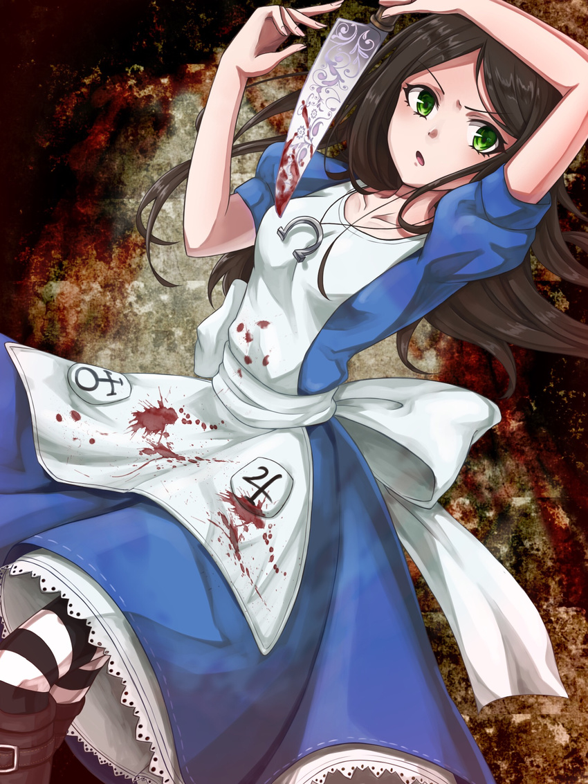 1girl alice:_madness_returns alice_(wonderland) alice_in_wonderland american_mcgee's_alice apron black_hair blood boots breasts dress green_eyes knife long_hair necklace solo striped striped_legwear
